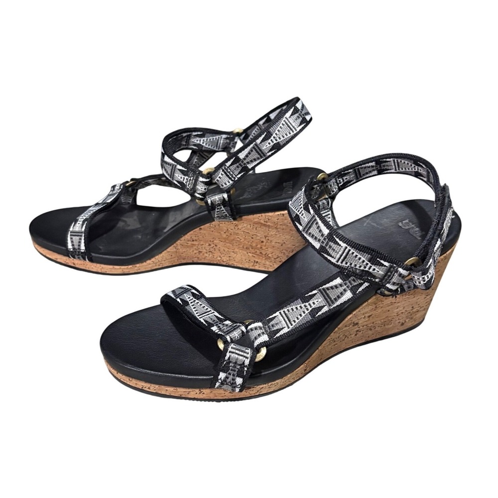 Teva Zirra Wedge Sandals‎ Women 8 Black White Cork Geometric Strappy EUC